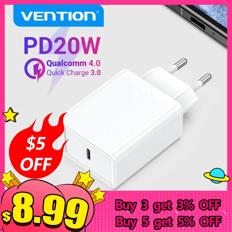 Vention PD Charger 20W USB Type C Fast Charger for iPhone 13 12 X 8 Macbook Phone QC3.0 USB C Quick Charge 4.0 3.0 QC PD Charger