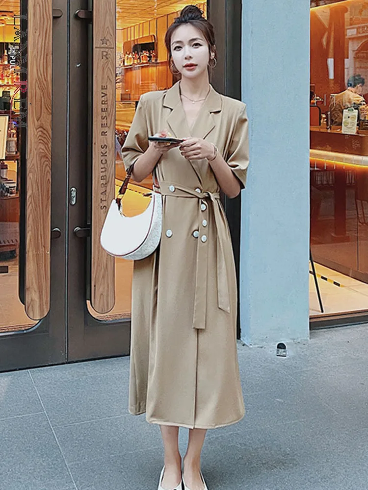 

LANMREM 2022 Summer Women's Temperament Short Sleeved Belt High Waist Dress Notched Solid Color Double Breasted Dresses 2R3002