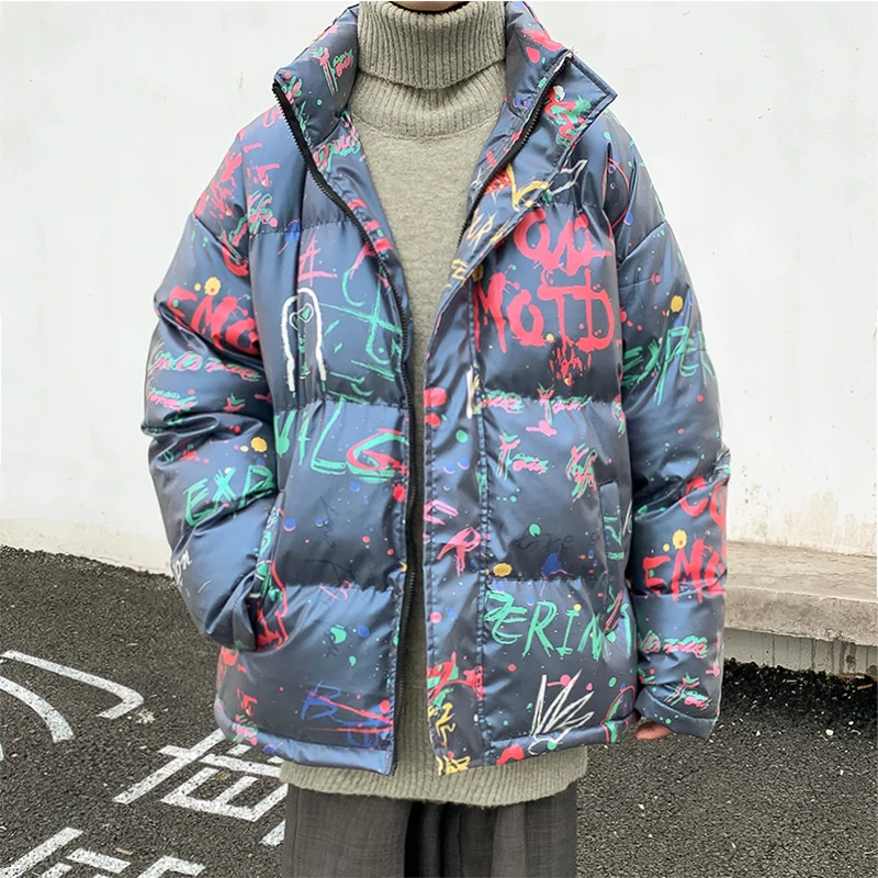 Letter Graffiti Puffer Jacket for Men Korean Fashion Trends Hip Hop Clothes Teen Oversized Streetwear Plus Size Bubble Warm Coat
