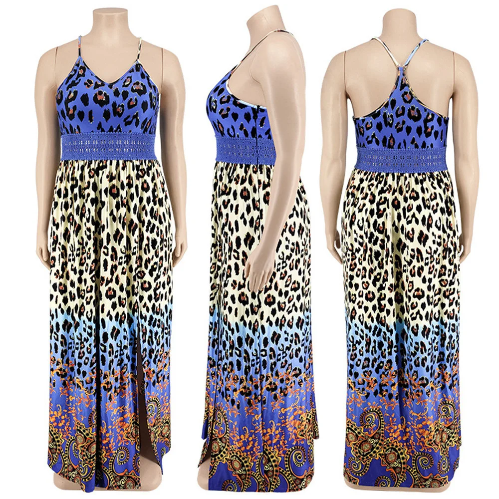 Plus Size Dresses Women Summer Holiday Slip Leopard Print Patchwork Elegant Party Sexy Maxi Dress Whol 3xl 4xl 5xl 6xl