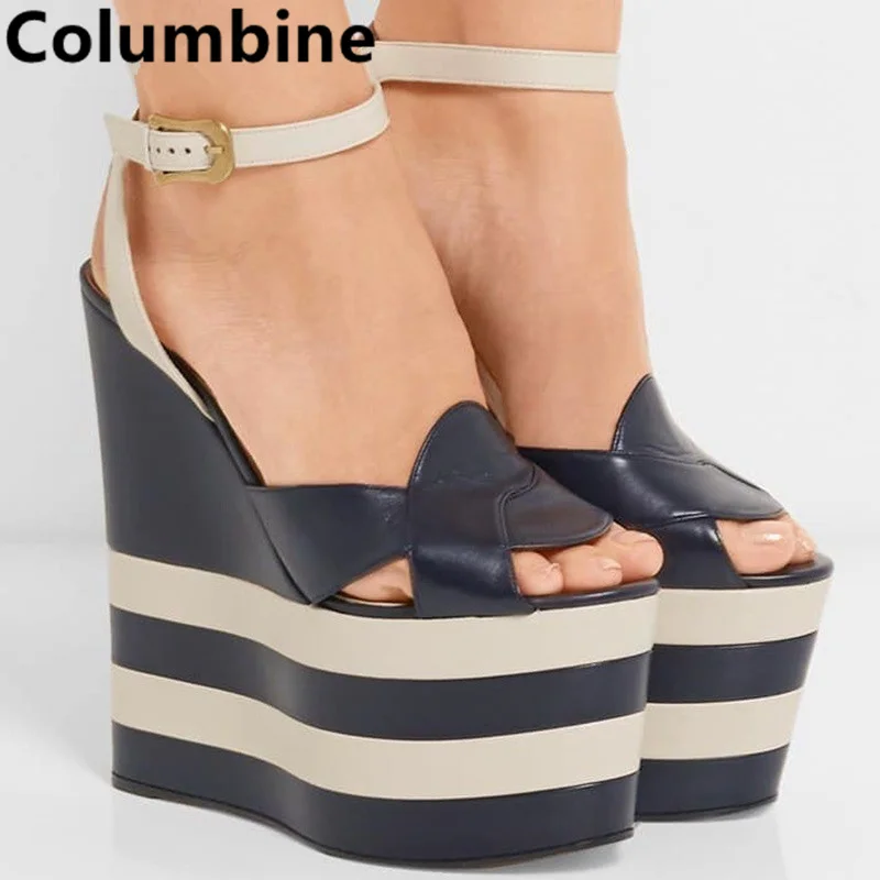 Women Red White Stripe Heightened Platform Sandals Leather High Wedge Open Fashion Heels Mixed Colors Peep Toe Modern New Shoes
