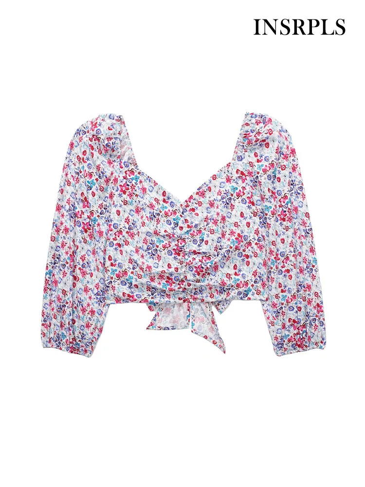 

INSRPLS Women Fashion With Bow Tied Floral Print Crop Blouses Vintage V Neck Puff Sleeves Female Shirts Blusas Chic Tops