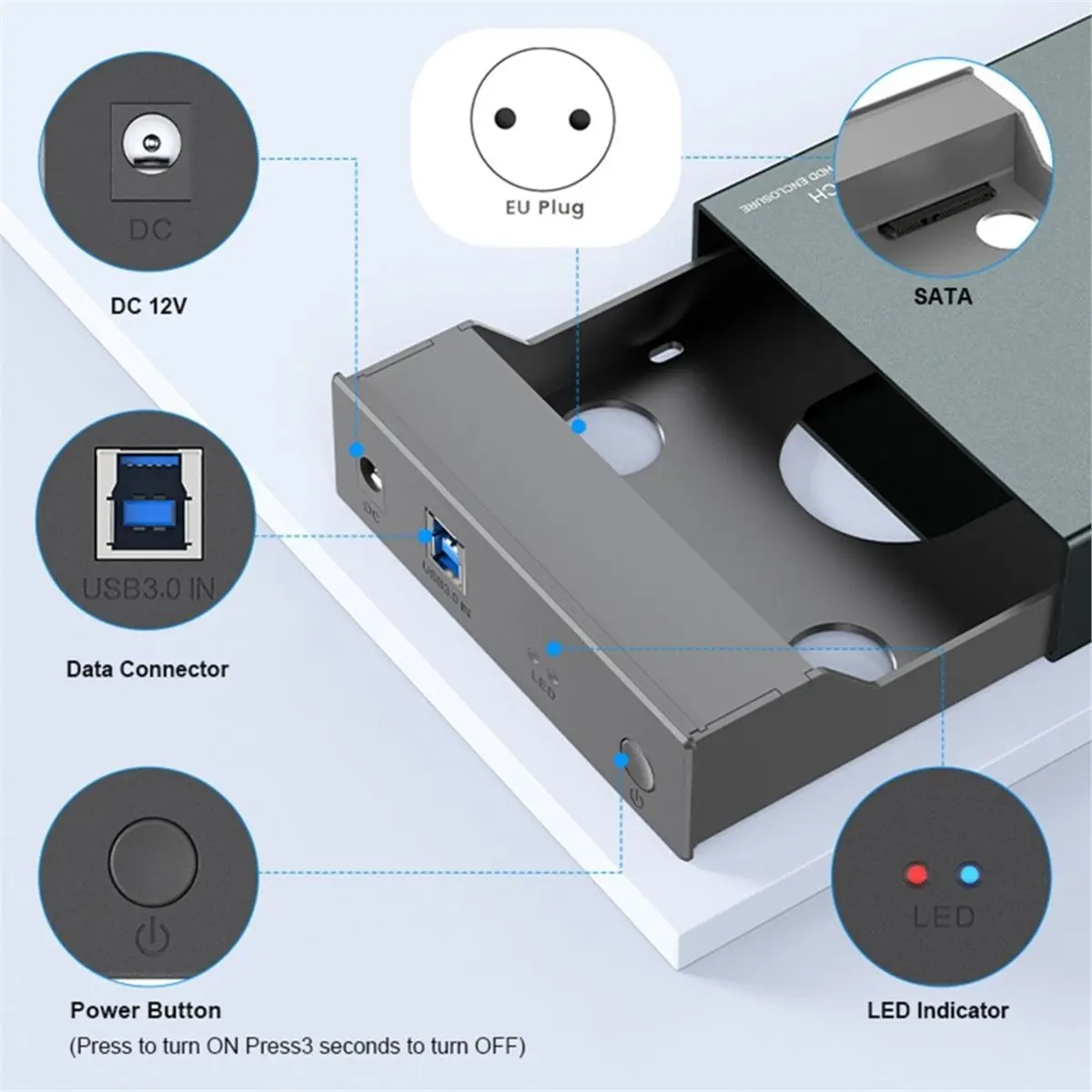 Фото Внешний корпус для жесткого диска USB 3.0 на SATA 6 Гбит/с для 3,5-дюймовых HDD/SSD, поддержка UASP, функция автоматического перехода в спящий режим, вилка стандарта ЕС №2