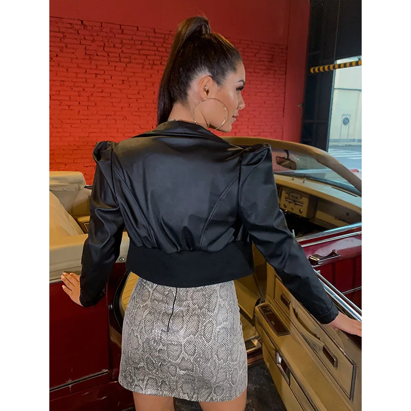 Shoet Skinny Slim Girl  Mini Short Leather Jacket Women  Bubble Sleeve Short  Leather Jacket High Waist Locomotive Pu Leather