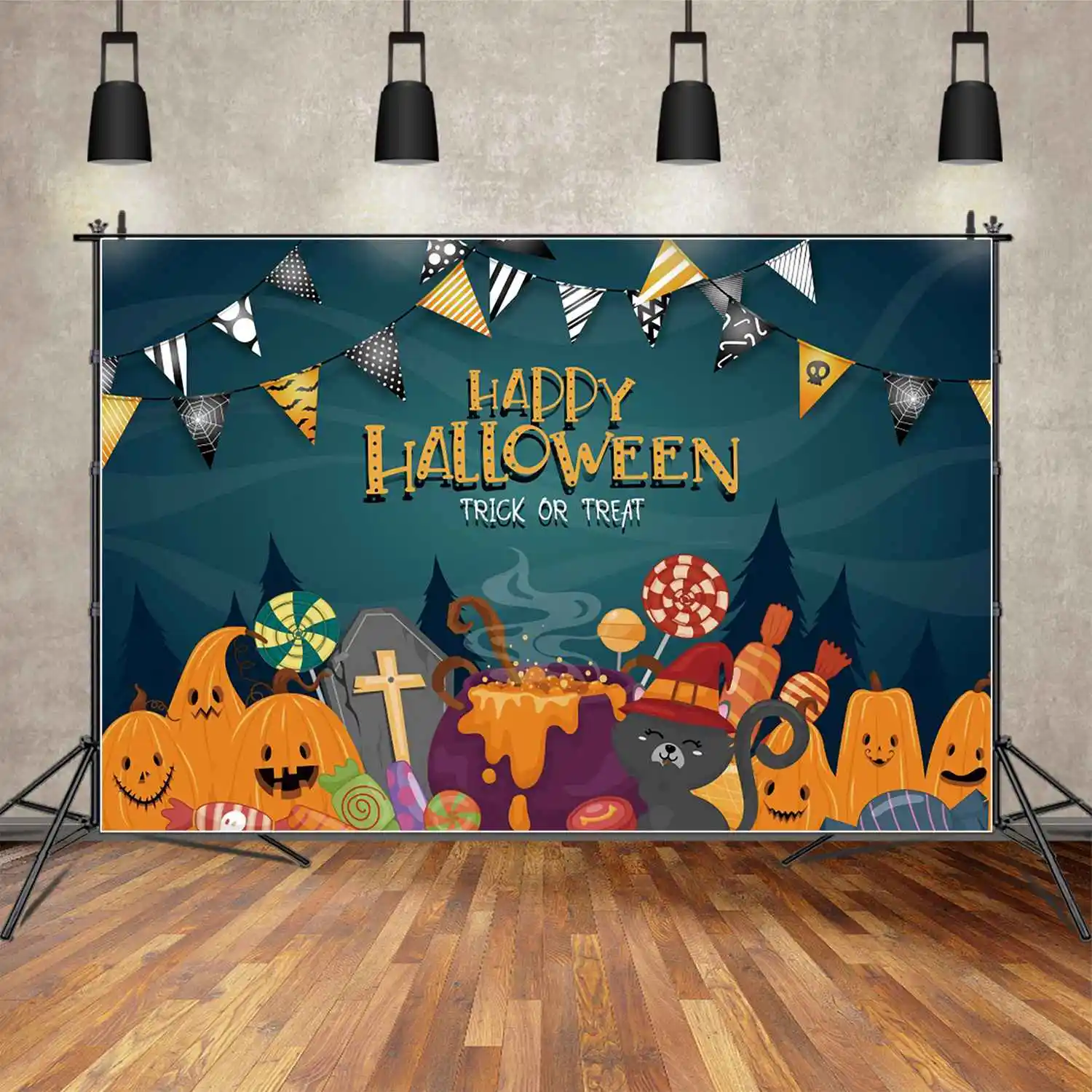 

MOON.QG Photo Backdrop Blue Happy Halloween Banner Trick Or Treat Background Children Party Decor Moon Pumpkin Tombstone Props