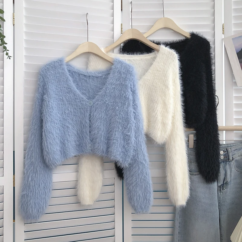 

Knitted Outwear Fluffy Sweater Korean Style Women V-Neck Sweaters Shorts Cardigan Female Casual Ladies Slim Clothes Dropshipping