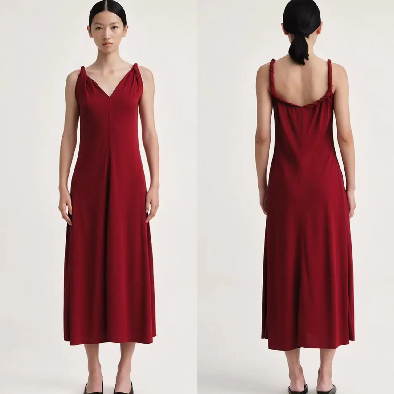 

Платье женское средней длины на бретельках с V-образным вырезом