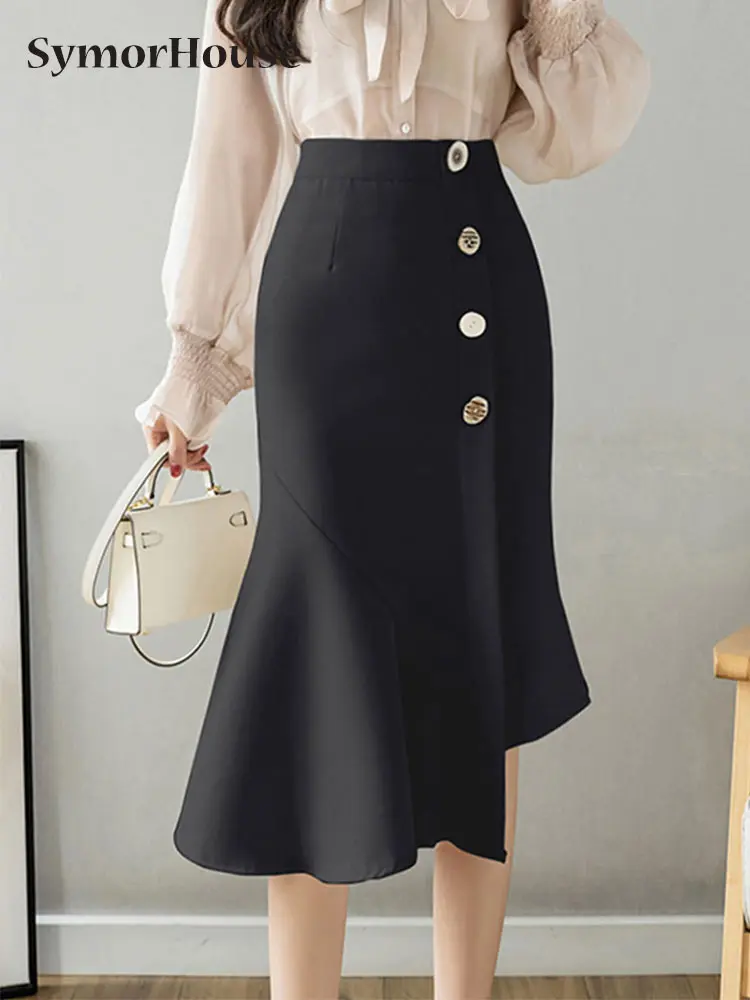 

Elegant Button Mermaid Skirts Women 2022 Summer High Waisted Asymmetric Skirt Korean Fashion Office Lady Midi Skirts Faldas