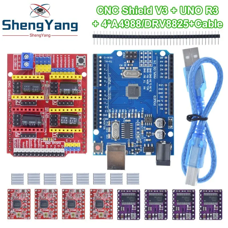 ЧПУ щит V3 гравировальный станок 3D печать + 4 шт. DRV8825 или A4988 Плата расширения драйвера для Arduino + UNO R3 с USB-кабелем