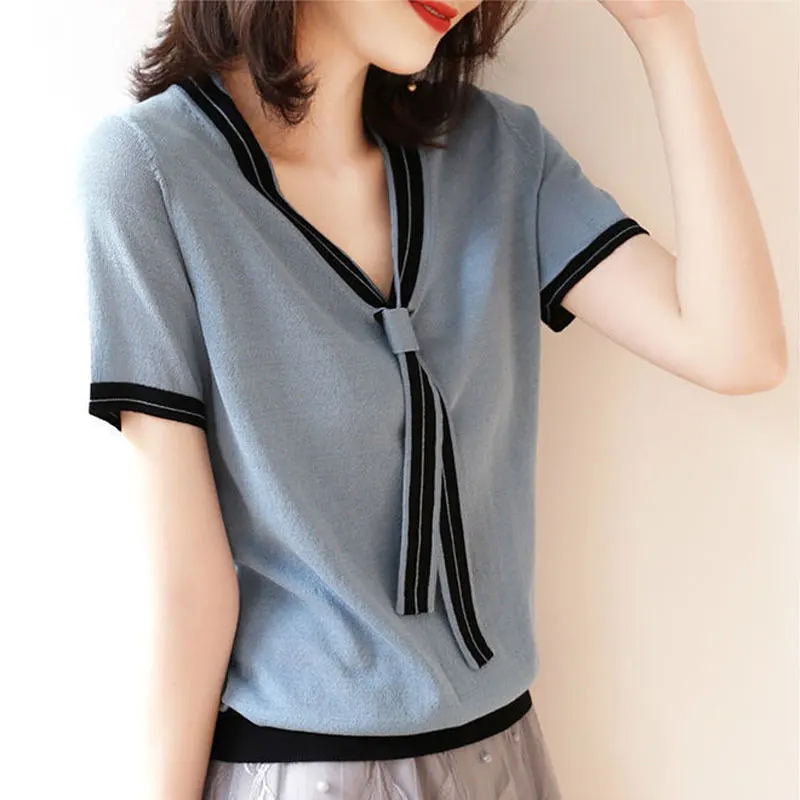 

Women Clothing Elegant Fashion Solid Color Bow T-shirt 2023 Summer Streetwear Short Sleeve V-Neck Casual Loose Knitted Pullovers