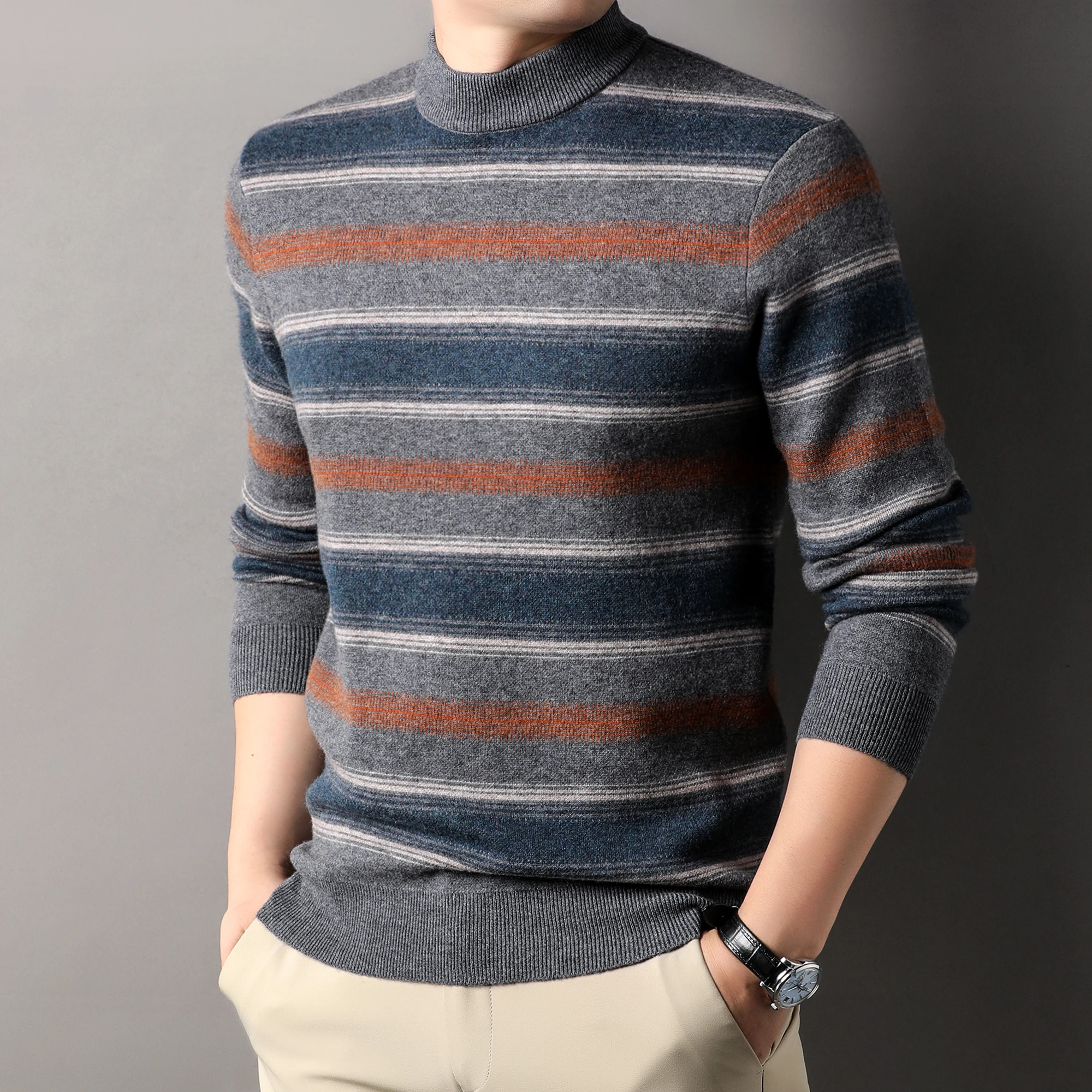 Теплая одежда из 100% овечьей шерсти мужской толстый свитер в широкую полоску