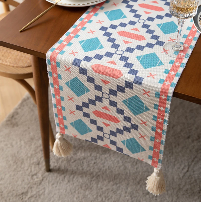 Towel Pink Pop Table Flag Ethnic Geometric Table Runner With Tassel
