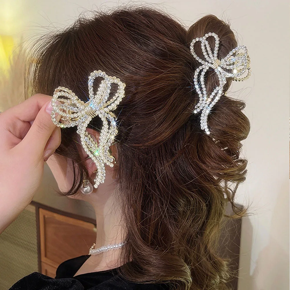 

New Women Elegant Pearl Bowknot Geometric Metal Hair Claw Vintage Hair Clips Headband Sweet Hairpin Hair Crab Hair Accessories