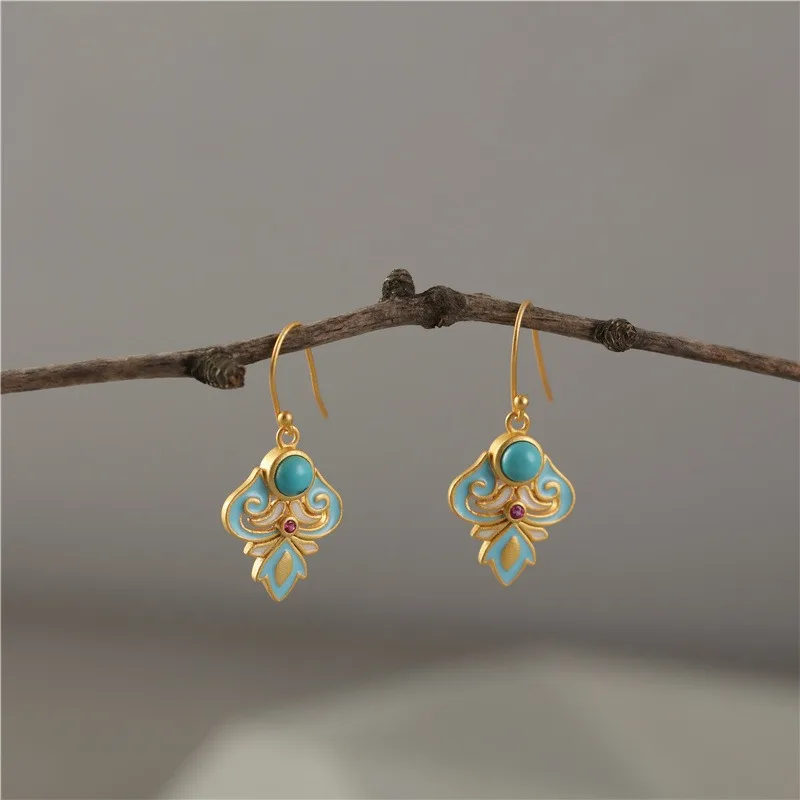 

Chinese Style Vintage Artificial Turquoise Enamel Copper Plated Gold Hook Earring for Women Party Cheongsam Hanfu Gift Ornaments