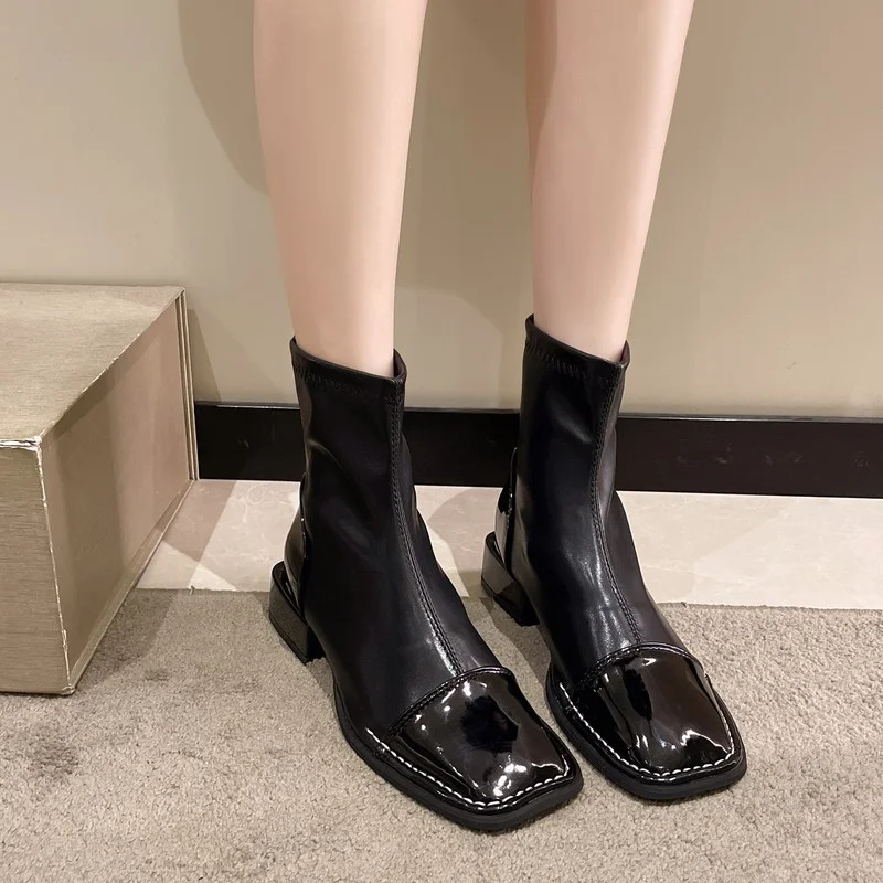 Women's Colorblock Riding Boots Square Toe Japanese Leather Shoes Chelsea Boots Zipper Chunky Heel Mid Tube Calf Short Boots