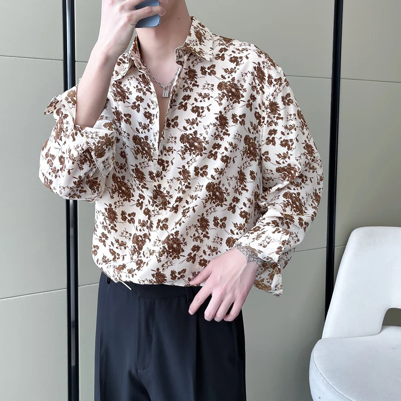 2022 Summer Korean Floral Shirts for Men Long Sleeve Casual Social Party Tuxedo Blouse Vintage Streetwear Camisas Para Hombre