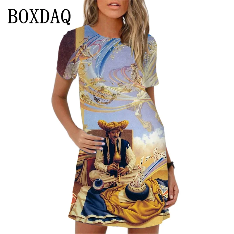

Женское винтажное платье с коротким рукавом, повседневное свободное ТРАПЕЦИЕВИДНОЕ ПЛАТЬЕ большого размера с абстрактным принтом персонажей, лето 2023