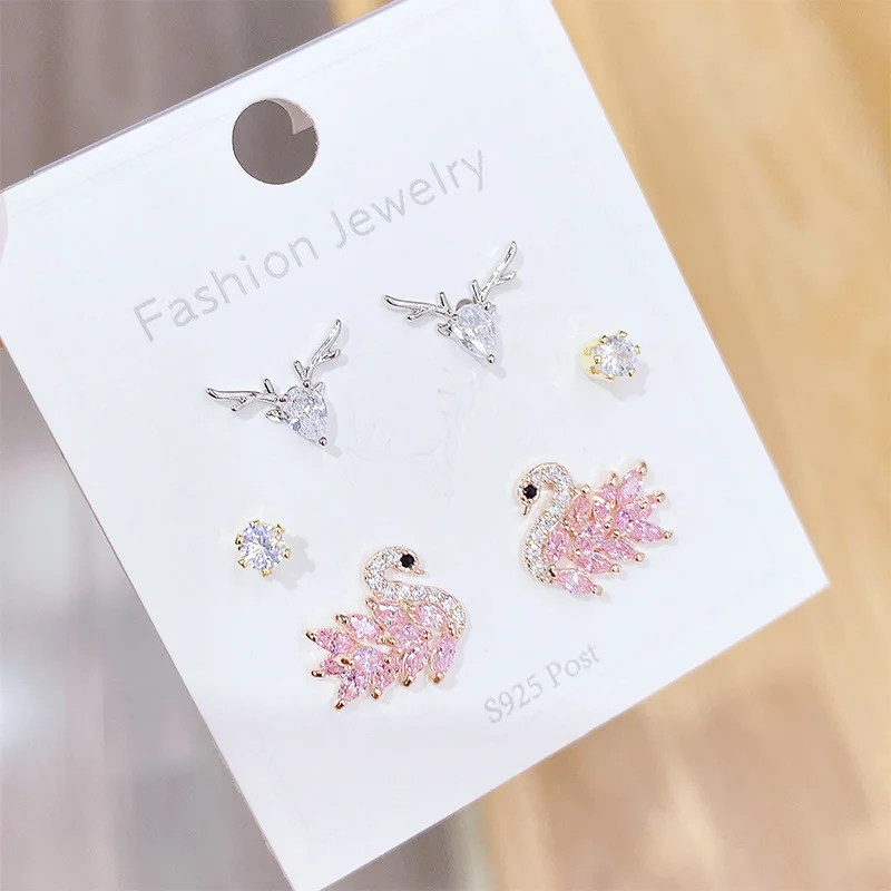 

S925 Silvers Needle Stud Earrings Women's Simple Fashionable Temperamental Sweet 3 Pairs Set Combination Jewelry Gift