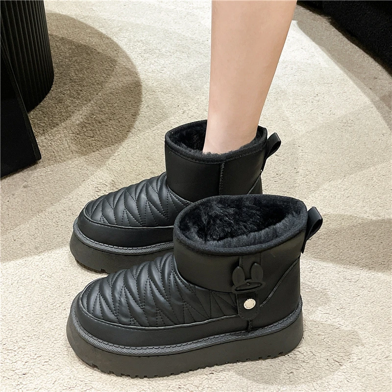 

Thickened warm short snow boots for women 2023 winter new round head plus fleece flat fashion casual thick sole cotton shoes