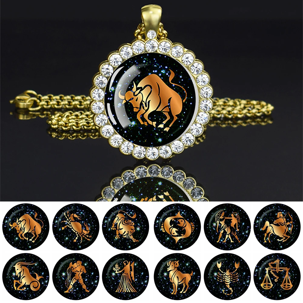 

12 Constellation Necklaces Glass Dome Rhinestone Pendant Zodiac Sign Gold Color Chains Women Fashion Jewelry Birthday Gift