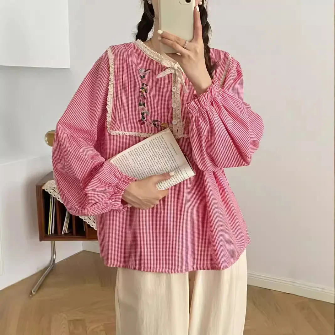 Новинка осени 2024 женская рубашка из хлопка и льна с круглым вырезом