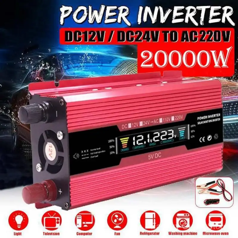

20000W Power Inverter Modified Sine Wave LCD Display DC 12V/24V To AC 220V Solar 2 USB Car Transformer Convert Auto Accessories