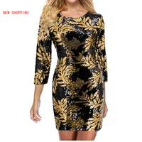 spring new fashion casual women sequined bodycon dress 34 sleeves round neck evening party short dress casual green gold white