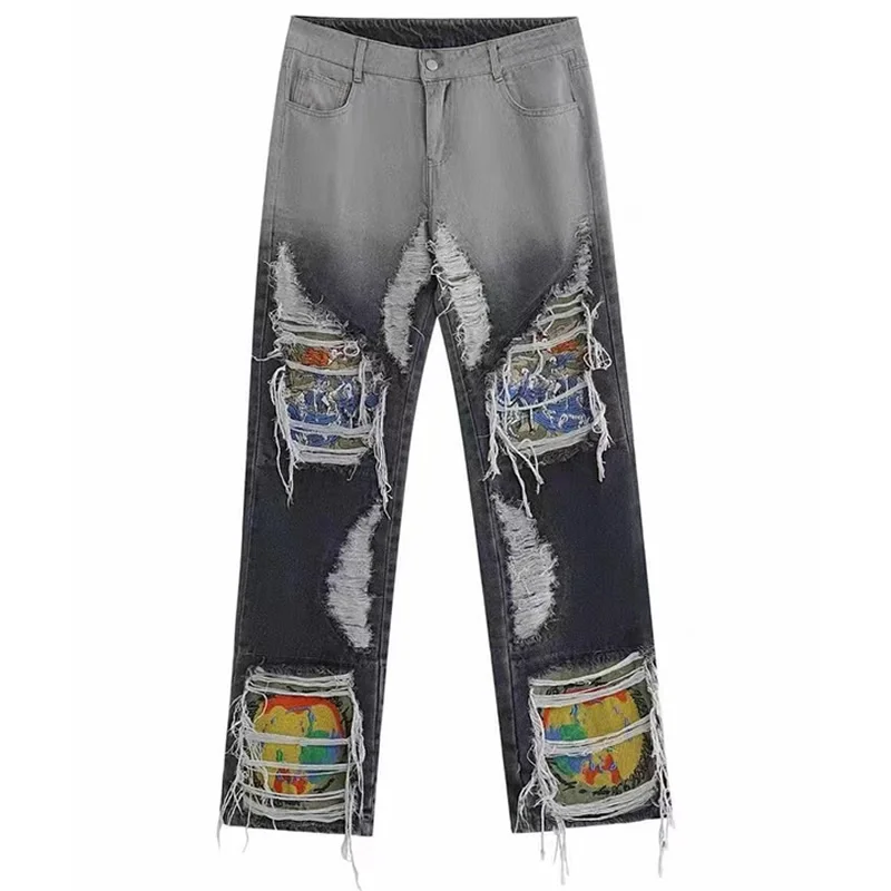 Y2K Emo Vintage Streetwear Embroidered Ripped Straight Gothic Pants Hip Hop Grunge Jeans for Men Denim Trousers Alt Clothes