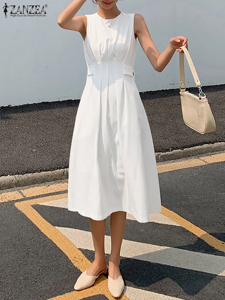 

ZANZEA Fashion OL Sleeveless Swing Vestido Casual Party Pleated Tank Dresses 2022 Summer Solid Midi Robe Elegant Dress For Women