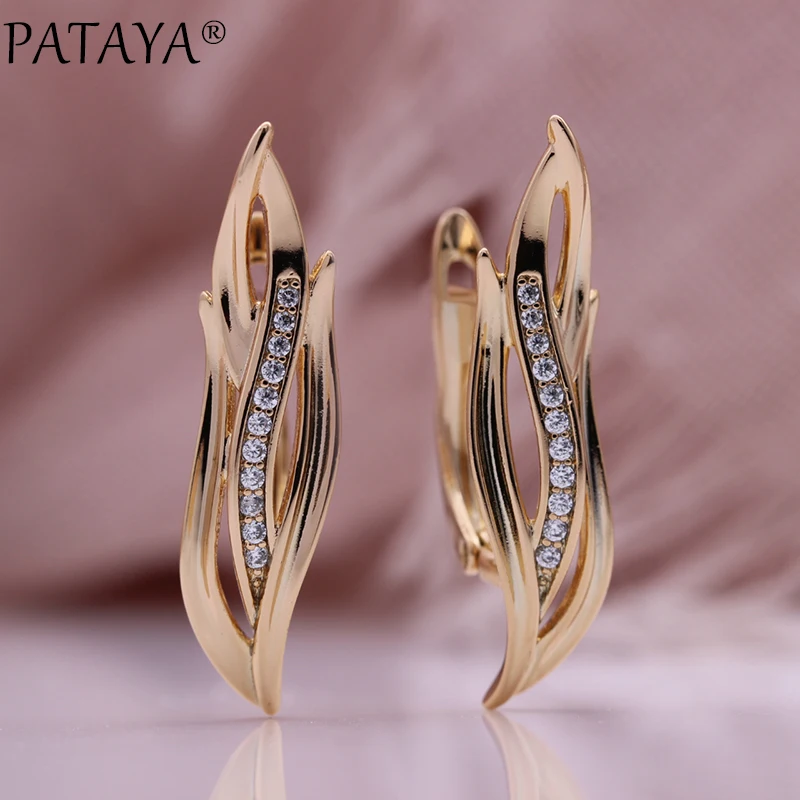 PATAYA New Micro-wax Inlay Natural Zircon Long Leaf Earrings 585 Rose Gold Color Fashion Women Jewelry Luxury Hollow Earrings