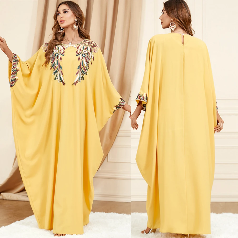 

2023 Eid Mubarak Caftan Muslim Women Abaya Batwing Sleeve Maxi Dress Dubai Kaftan Jilbab Loose Party Robe Gown Moroccan Ramadan