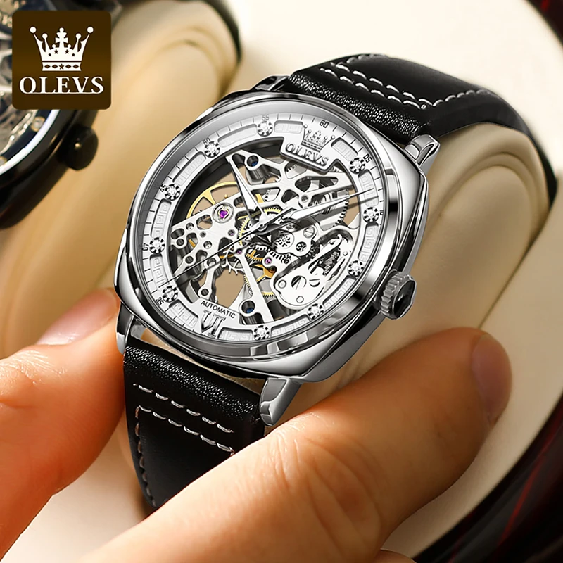 OLEVS Top Brand Luxury Men Mechanical Watch Fashion Transparent Hollow Luminous Mens Watches Genuine Leather Strap Reloj Hombre