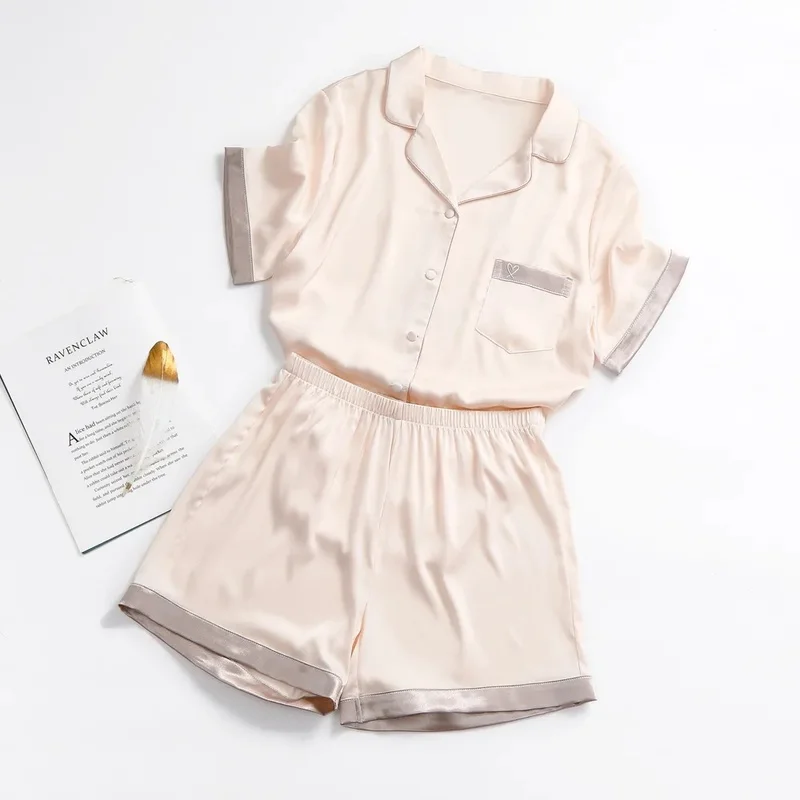 QWEEK Silk Women's Pajamas Plus Size Sets Sleepwear Heart Embroidery Nightwear Female Woman 2 Pieces Pijama Pyjamas 3XL 4XL