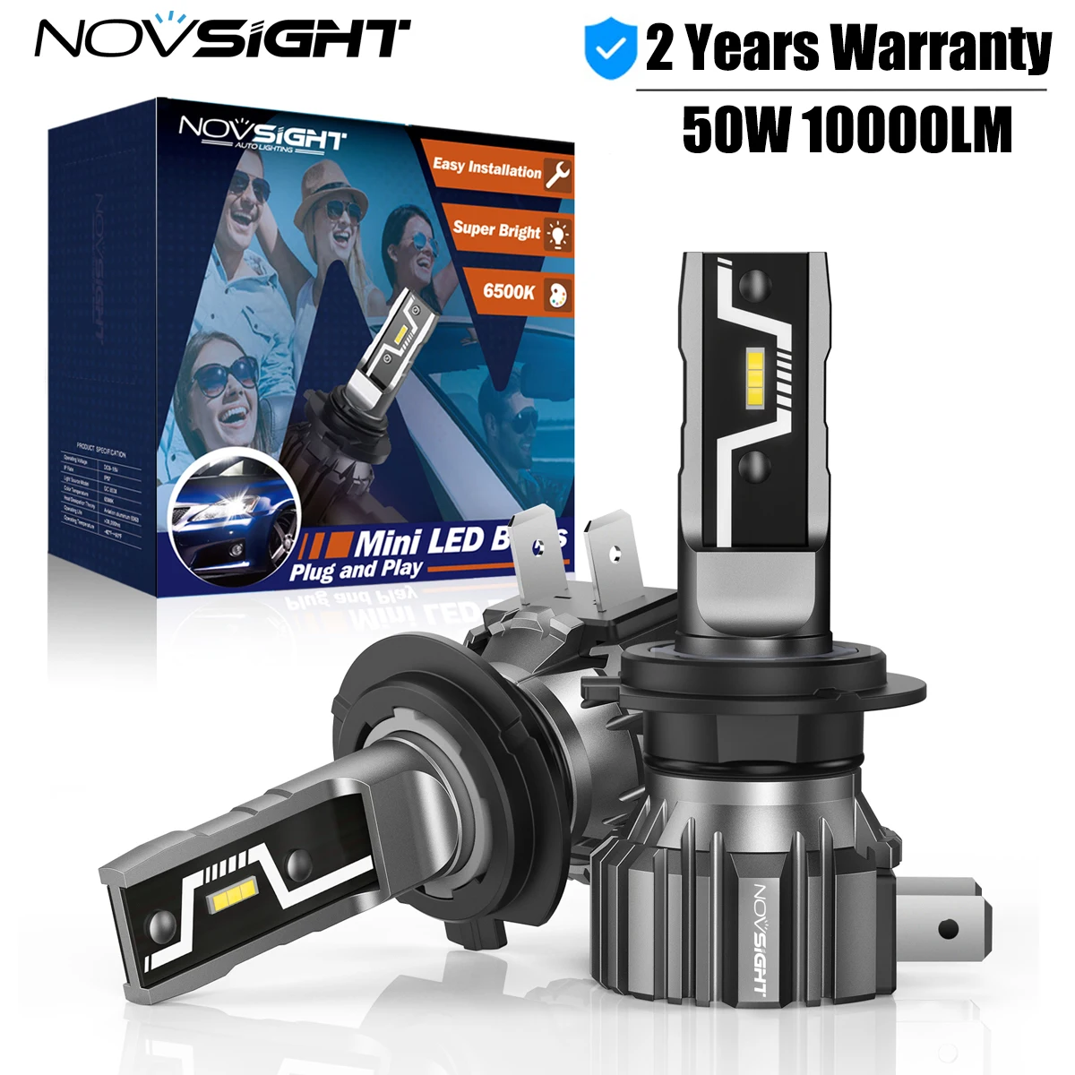 

NOVSIGHT Car Lamps H7 Super Bright H4 H11 H8 H9 H1 9005 HB3 9006 HB4 880 881 Mini Size 50W 10000LM Headlamp 6500K White Fog Lamp