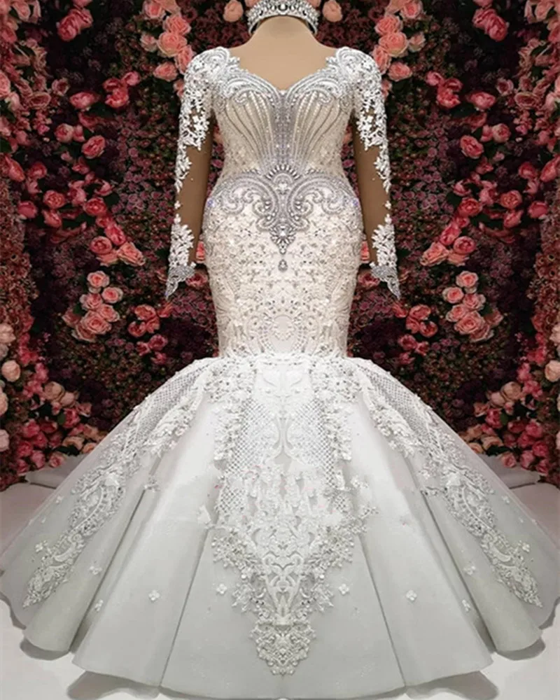 

Mermaid Long Sleeves Wedding Dresses Lace Appliques Crystal Sexy V-Neck Bridal Gowns African Fishtail Wedding Dress 2022