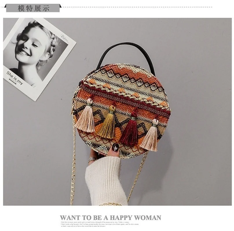 Женская мини-сумка с кисточками в богемном стиле, круглая сумка через плечо, винтажный женский клатч, кошелек, маленькие сумки на молнии