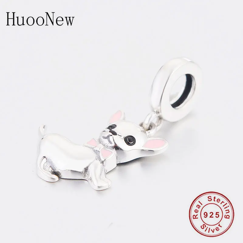 925 Sterling Silver Mr Chihuahua Dog Pink Bow Tie Bead Pendant Fit Original Brand Charm Bracelet Making Dangle Berloque 2020