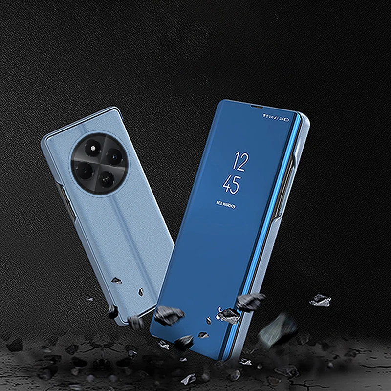 Кожаный зеркальный чехол для Xiaomi Redmi 14C 4G 360° ° Складной держатель всего тела