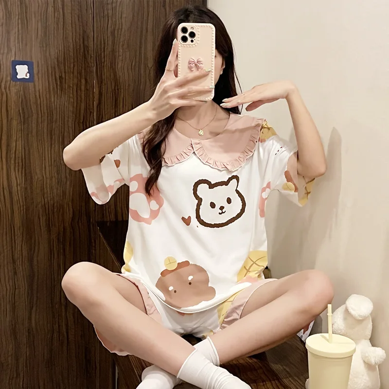 Nightwear Set For Women Two Piece Summer Short Sleeve Thin Sweet Korean Princess Pajama Sets Student Girl Lovely Home Clothes