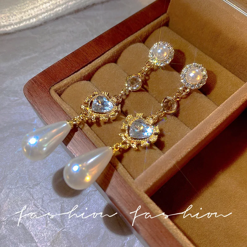 Baroque Korean Version of The Silver Needle Love Long Tassel Sweet Temperament Pearl Zirconia Fashion Ladies Earrings Jewelry