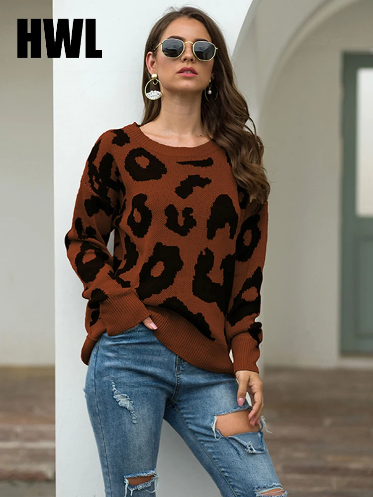 

New Ladies Leopard Print Sweater Crew Neck Loose Pullover Knitted Cashmere Sweater Women Basic Knitted Pullover Streetwear