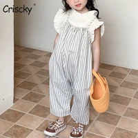 criscky girls summer fashion clothes set 2 pcs suit solid ruffles tank tops striped overalls sets girls clothes casual wear