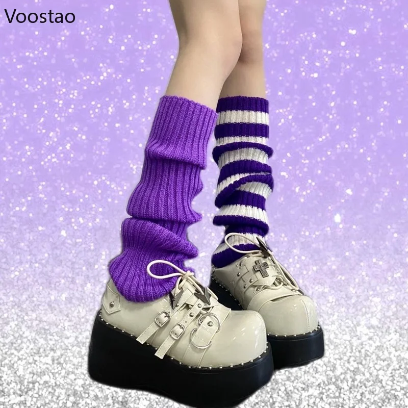 Y2k Gothic Lolita Leg Warmers Japanese Women Harajuku Long Leg Socks Girl White Purple Knit Striped Punk Foot Cuffs Ankle Warmer