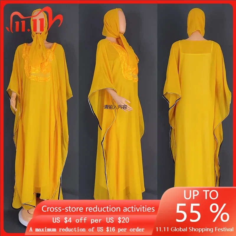 

2 Piece Set Chiffon African Dresses For Women Elegant Rope Embroidery Long Dress Muslim Abaya Lady Traditional Africa Clothing