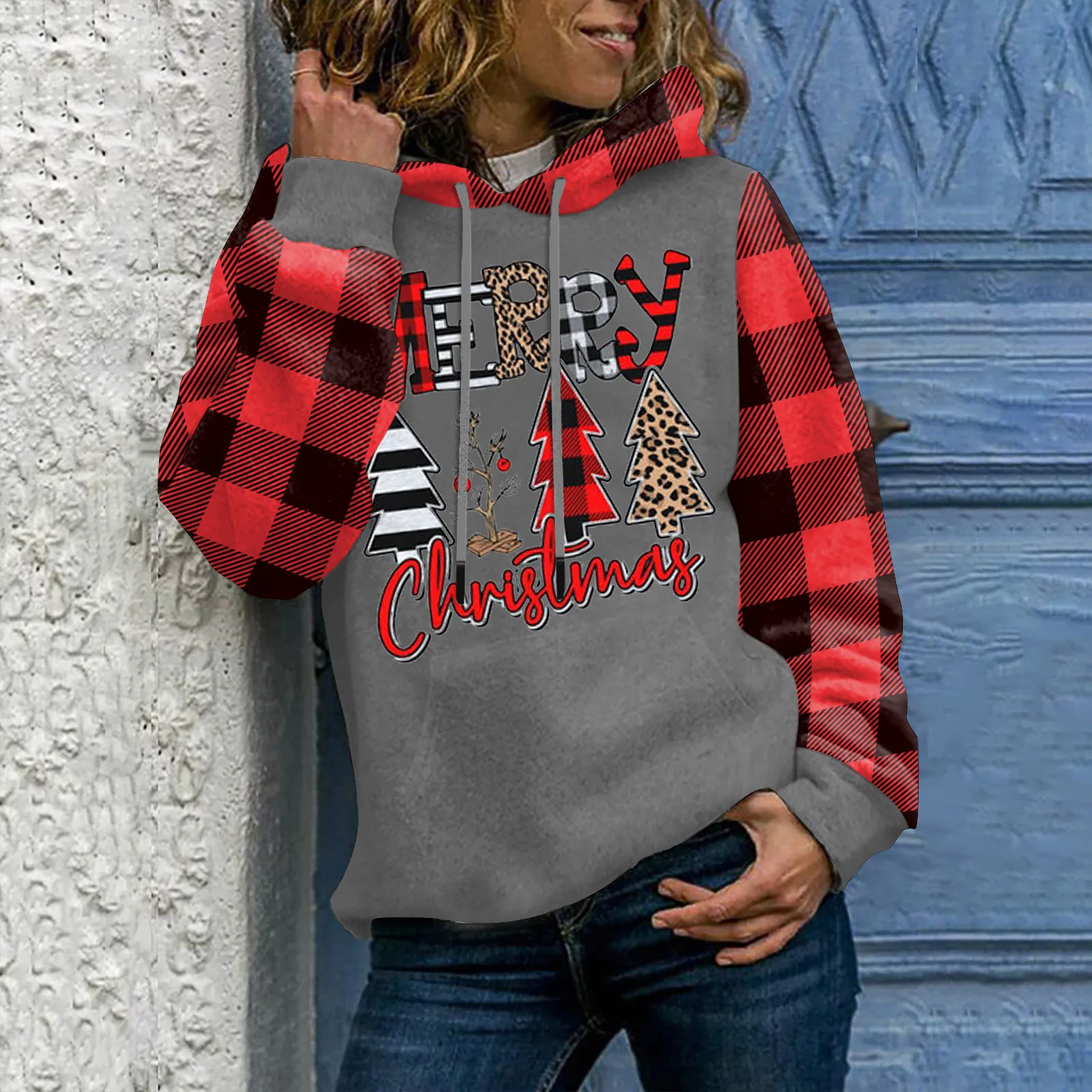 

Women's Christmas Printed Plaid Stitching Top Sweatshirt Womens Winter Sweatshirts Hoodies Black Oversized Sweatshirt Women