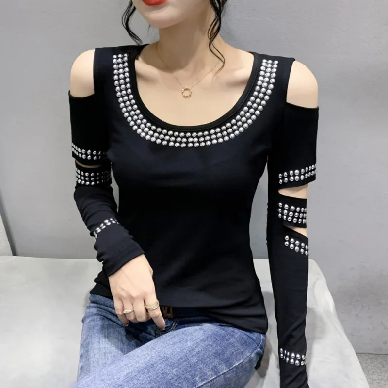 

Black Off Shoulder T Shirt Women O-neck Punk Rivet Short Streetwear Hip Hop T Shirt Women Long Sleeve Hollow Out Cotton