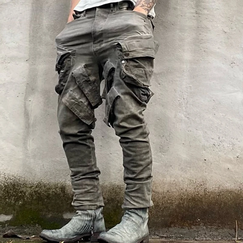 Autumn Winter Tide Heavy Industry Three-dimensional Multi Pocket High-density Elastic Fabric Cold Dyed Old Pants