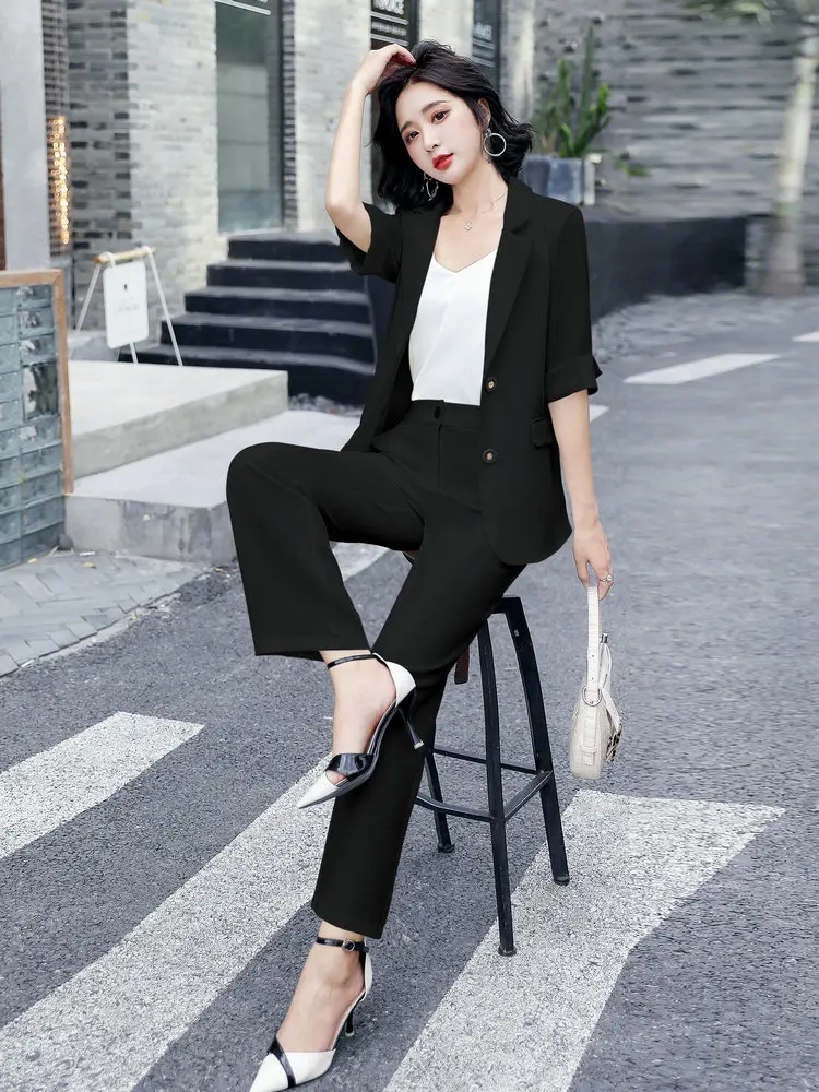 Office Ladies White Black Blazers And Pant 2PCS Suit Set Women Half Sleeve Coats And Trousers Twinset Outfits 2022 Spring Summer