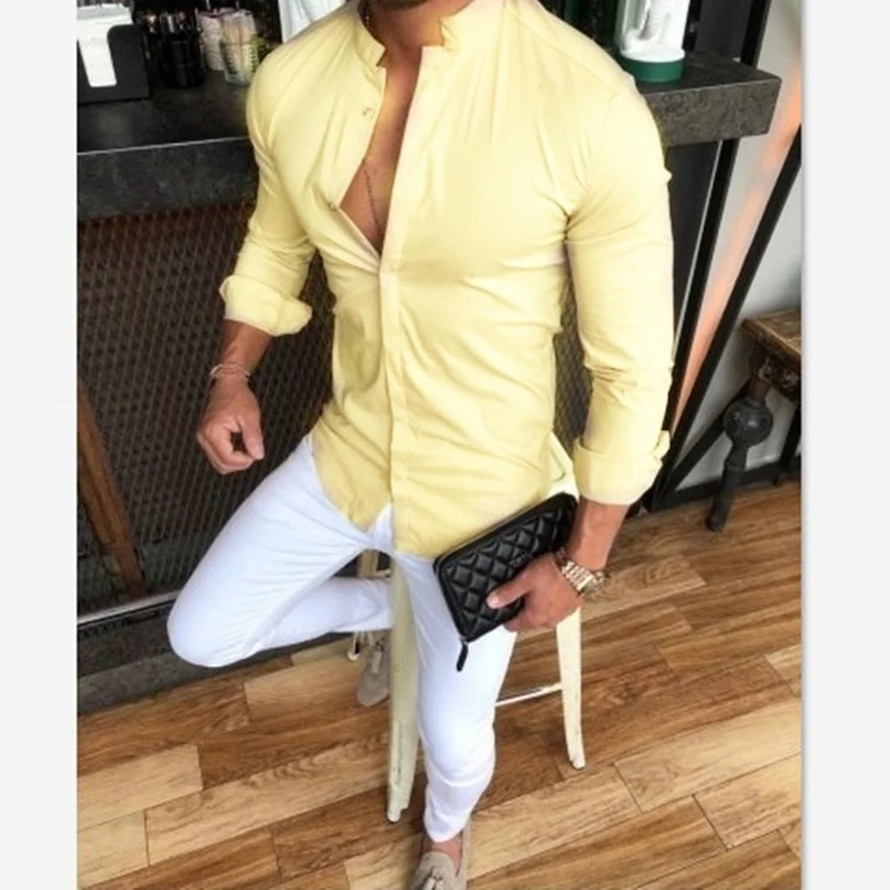 Men's Stand Collar Double Flat Solid Color Slim Fit Long Sleeve Shirt