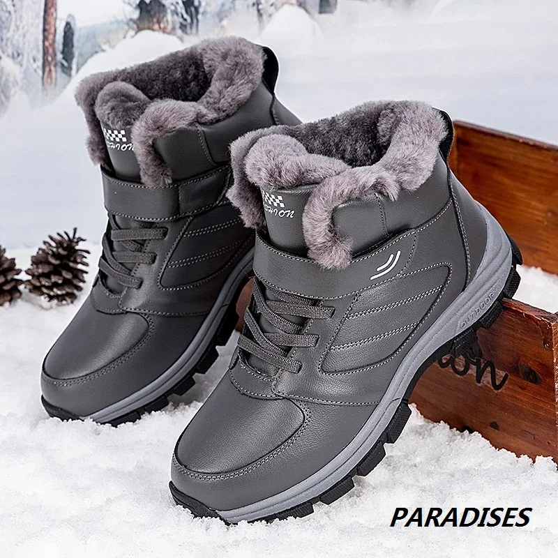 

New Winter Couple Casual Boots Stylish Leather High-top Sneaker For Men Outdoor Quality Warm Plush Lined Female Shoes